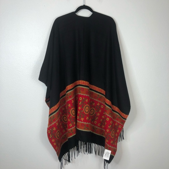 Parsley & Sage black shawl cape scarf fringe floral color block bohemian autumn - Picture 2 of 8